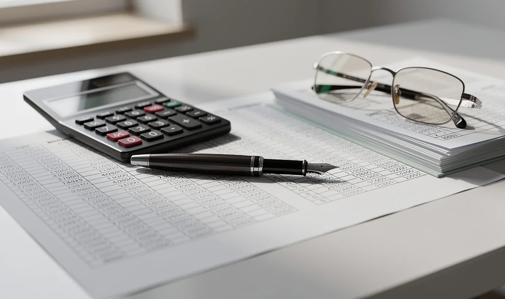 Bureau avec documents comptables et calculatrice